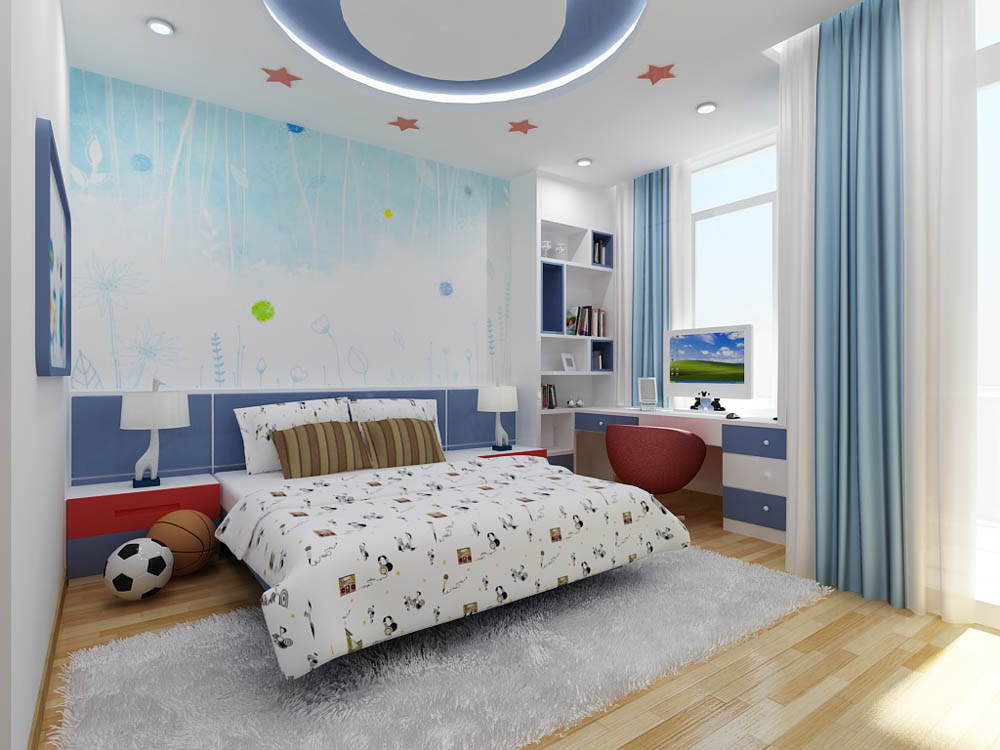Phòng ngủ con trai với thiết kế năng động, trẻ trung, phối màu trắng - xanh dương hài hòa, kết hợp ăn ý cùng những điểm nhấn màu đỏ tinh tế.