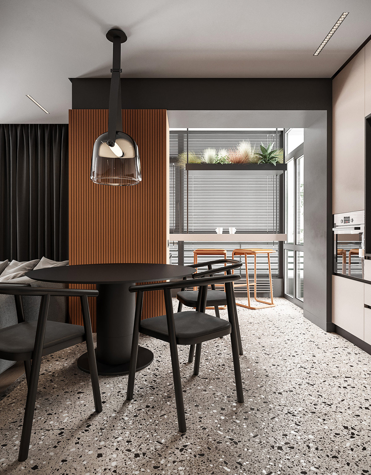 Sắc v&agrave;ng b&iacute; ng&ocirc; tạo điểm nhấn ấm &aacute;p cho khu vực ăn uống, nơi c&oacute; bộ b&agrave;n ghế h&igrave;nh tr&ograve;n m&agrave;u đen c&aacute; t&iacute;nh v&agrave; đ&egrave;n thả mặt d&acirc;y chuyền ho&agrave;n hảo.