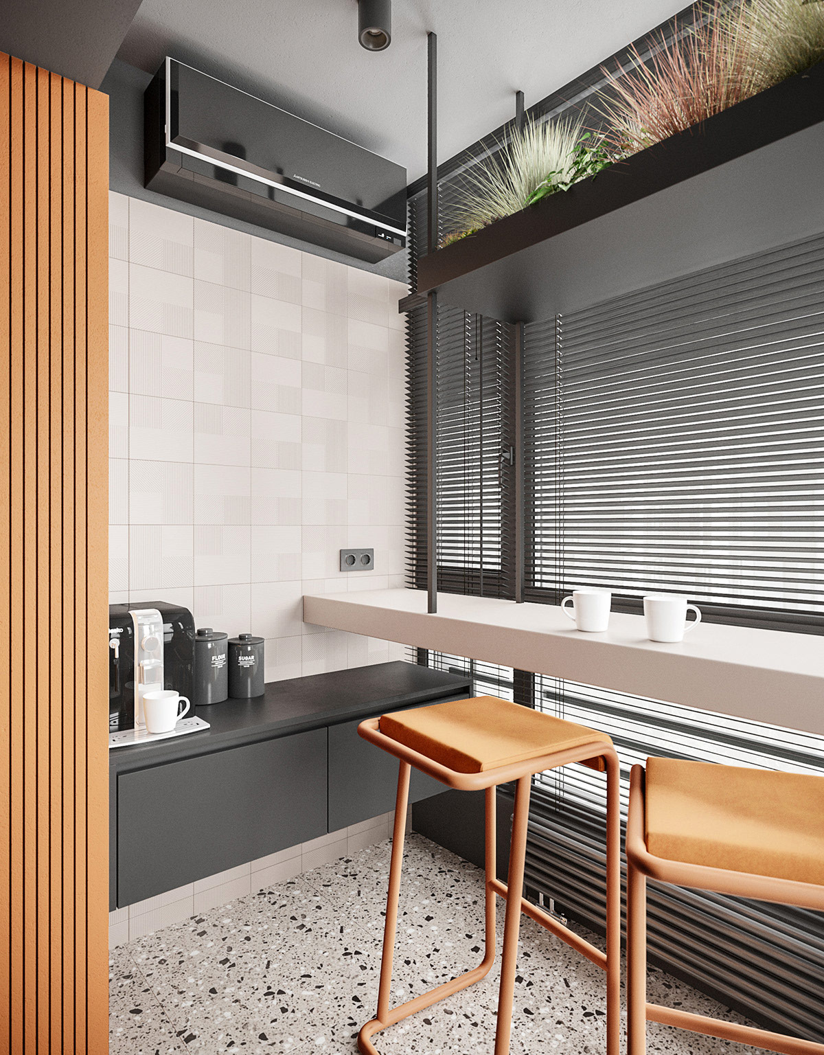 Nội thất chung cư đẹp với ghế đẩu m&agrave;u cam h&agrave;i h&ograve;a với b&agrave;n bar c&agrave; ph&ecirc; lơ lửng b&ecirc;n khung cửa sổ k&iacute;nh ngập tr&agrave;n &aacute;nh s&aacute;ng tự nhi&ecirc;n.