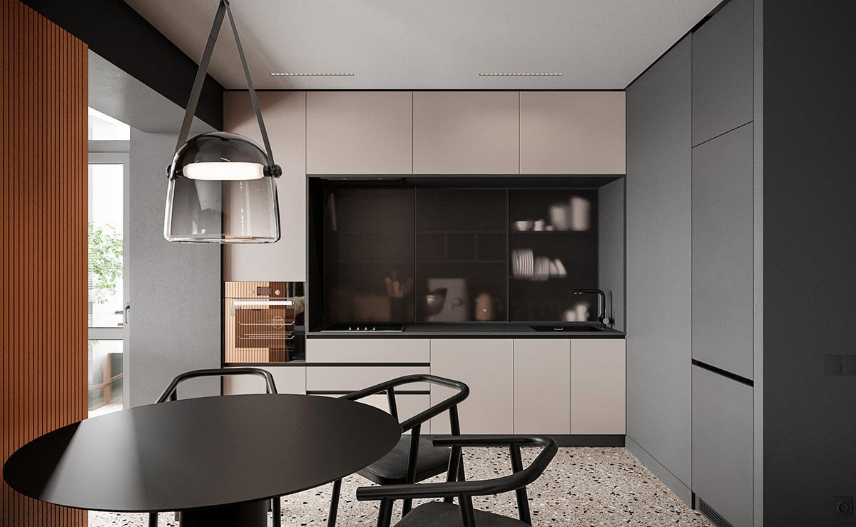 Thiết kế bếp chung cư với tủ m&agrave;u hồng tạo sự tương phản th&uacute; vị với kệ tủ m&agrave;u x&aacute;m đậm, gi&uacute;p c&acirc;n bằng bảng m&agrave;u cho kh&ocirc;ng gian nấu nướng.