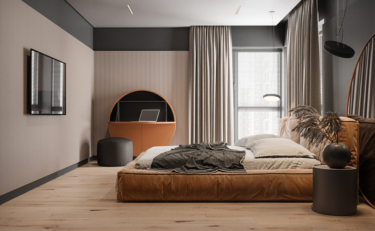 Chi tiết trang tr&iacute; gương đầu giường được lặp lại trong h&igrave;nh dạng của một chiếc b&agrave;n l&agrave;m việc độc đ&aacute;o, bắt mắt đặt ph&iacute;a cuối ch&acirc;n giường.