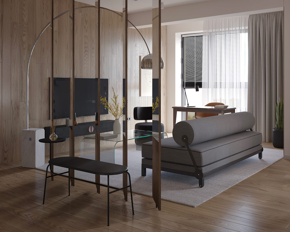 Ở ph&iacute;a h&agrave;nh lang của dải ph&acirc;n c&aacute;ch xoay, một chiếc ghế d&agrave;i hiện đại c&oacute; b&agrave;n phụ gắn liền.