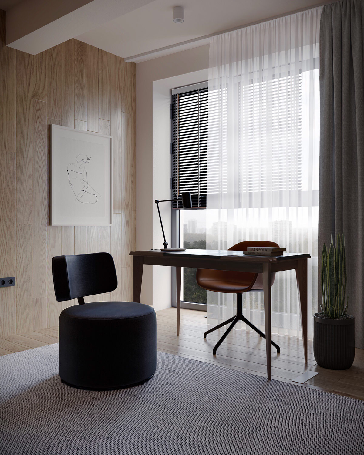 Tường ph&ograve;ng kh&aacute;ch v&agrave; khu vực l&agrave;m việc được ốp gỗ mộc mạc, th&acirc;n thiện. Một chiếc ghế xoay được bố tr&iacute; để c&oacute; thể bao qu&aacute;t cả ph&ograve;ng kh&aacute;ch.