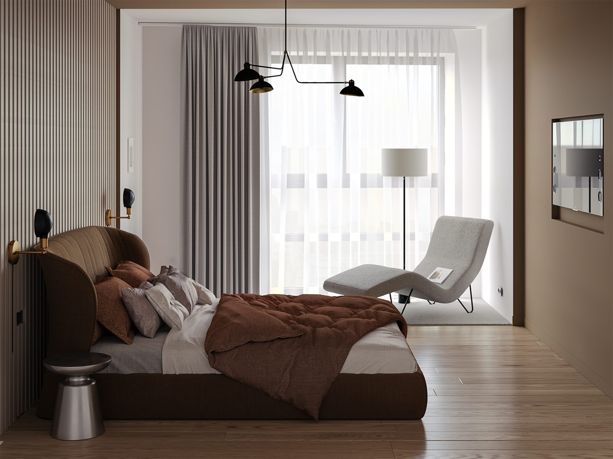 Hệ thống đ&egrave;n kim loại kh&ocirc;ng chỉ cung cấp đầy đủ &aacute;nh s&aacute;ng cho ph&ograve;ng ngủ m&agrave; c&ograve;n đ&oacute;ng vai tr&ograve; l&agrave; điểm nhấn trang tr&iacute; h&uacute;t mắt.