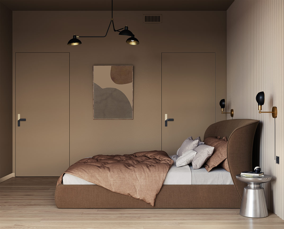 C&aacute;c yếu tố trang tr&iacute; m&agrave;u đen tạo th&ecirc;m chiều s&acirc;u cho kh&ocirc;ng gain, ngay cả cửa tủ quần &aacute;o cũng được phối m&agrave;u để hợp nhất với chiếc giường.