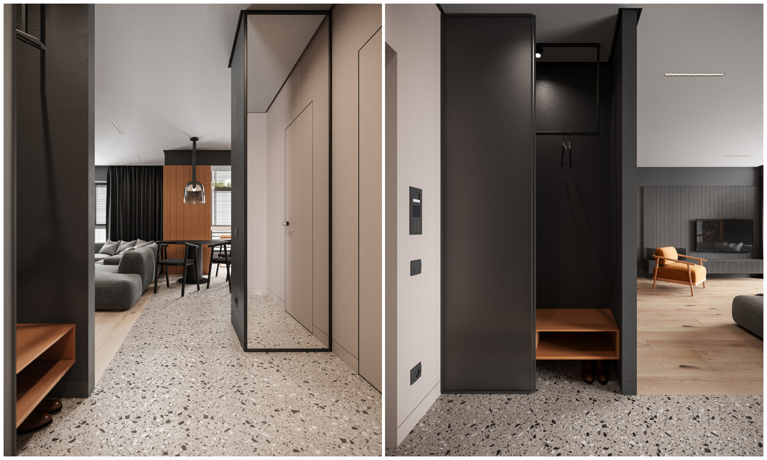 S&agrave;n l&aacute;t gạch terrazzo trải d&agrave;i từ lối v&agrave;o đến ph&ograve;ng bếp