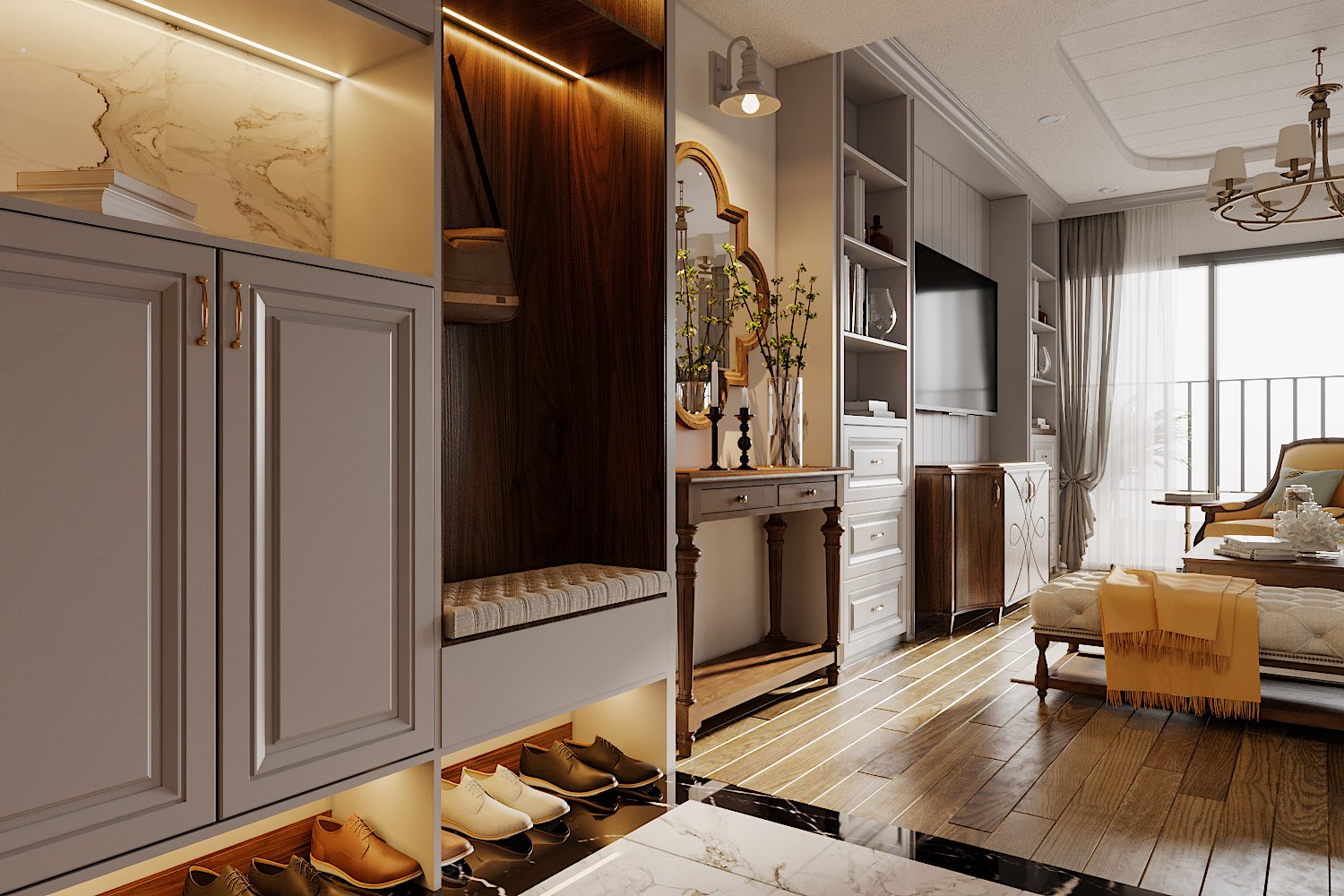hình ảnh kệ tủ giày ở lối vào căn hộ 90m2