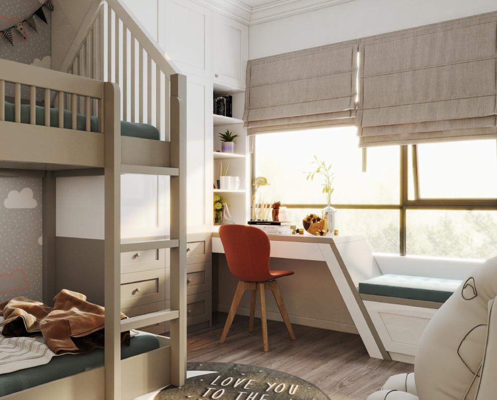 Bàn học nối liền ghế ngồi thư giãn bên cửa sổ thoáng sáng hẳn sẽ khiến các bé mê mệt.