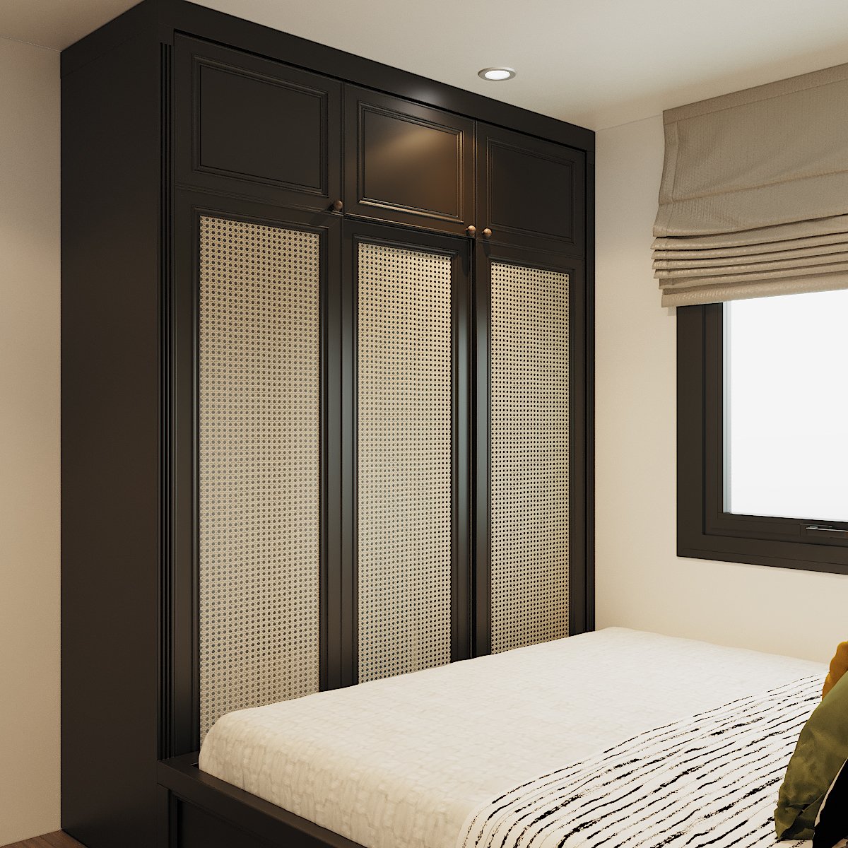 Nhìn từ góc độ này, giường ngủ và tủ quần áo như liền thành một khối thống nhất, rất đẹp mắt, giúp tiết kiệm tối đa diện tích phòng.