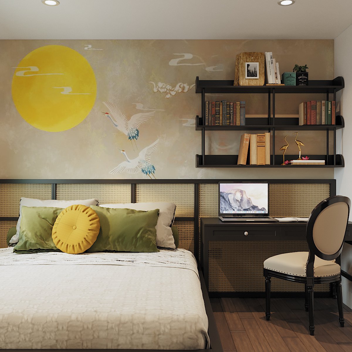 Góc làm việc nhỏ gọn, tiện nghi tích hợp trong phòng ngủ. Vách ốp đầu giường tạo cảm giác thân thiện, thư thái cho người dùng.