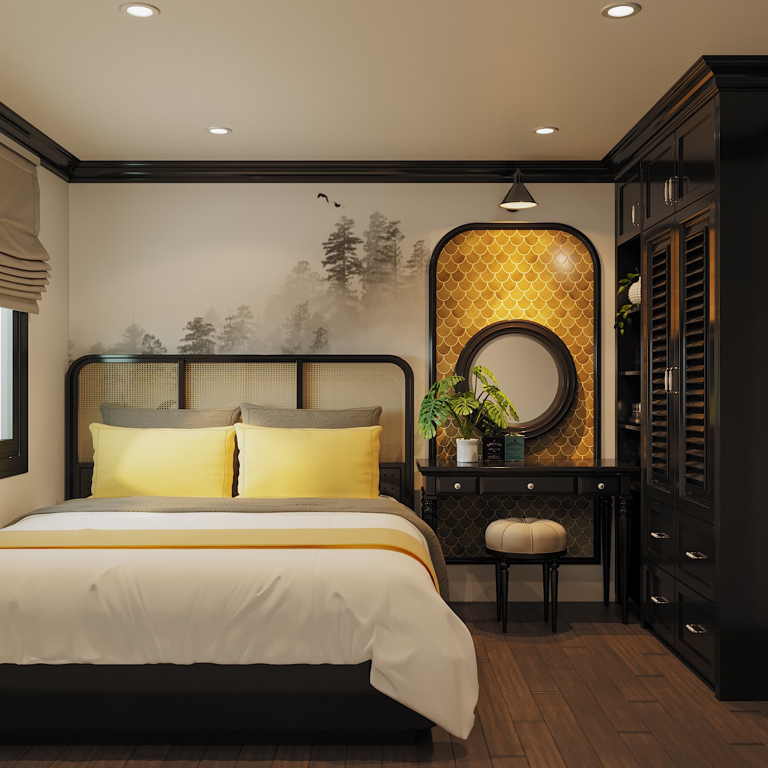 Phòng ngủ thứ ba trong căn hộ được thiết kế và bài trí sang trọng, ấn tượng với hoạt tiết vảy cá màu vàng đồng ở khu vực bàn trang điểm.