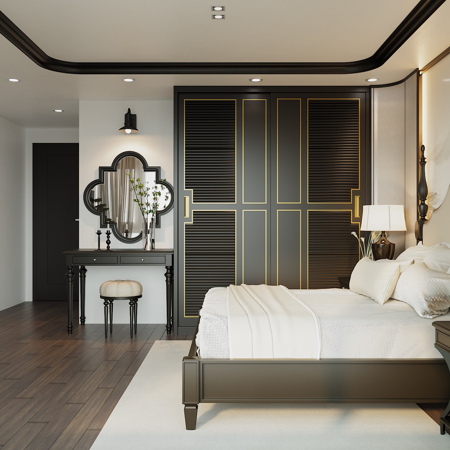 Bàn trang điểm với khung gương độc đáo bố trí ở cuối chân giường, vừa giúp hút sáng tự nhiên hiệu quả, vừa đảm bảo về mặt phong thủy.