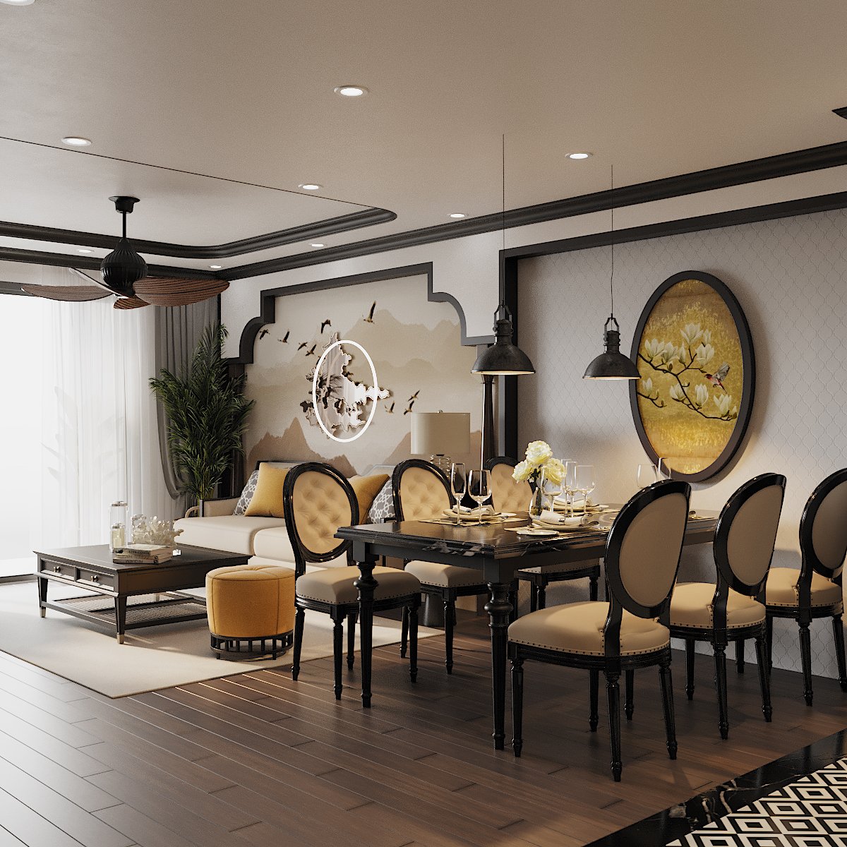 Không gian sinh hoạt chung trong căn hộ 120m2 đón được ánh sáng tự nhiên từ cửa kính cao rộng ở phòng khách.