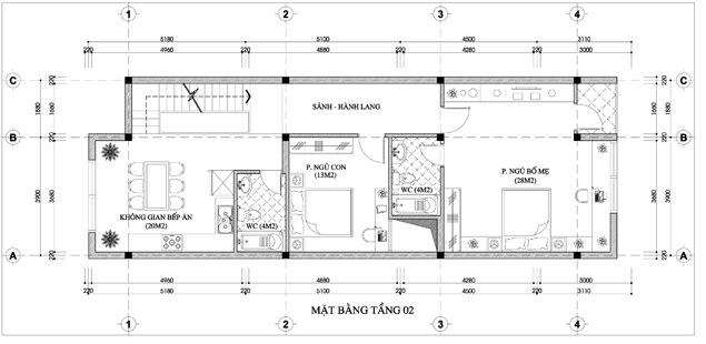 Mặt bằng tầng 2 nhà phố hiện đại