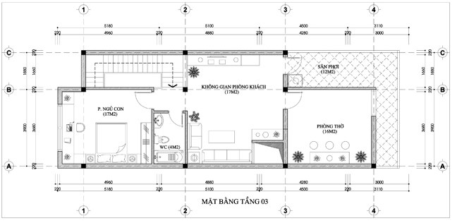 Mặt bằng bố trí nội thất tầng 3 nhà phố