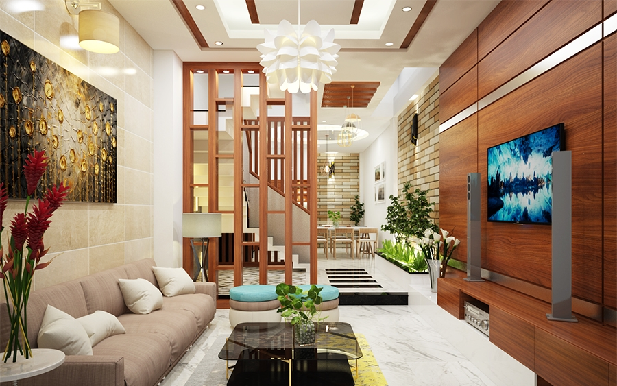 Không gian phòng khách sử dụng nội thấtsang trọng, tông màu ấm áp, tạo cảm giác chào đón ngay từ cái nhìn đầu tiên.