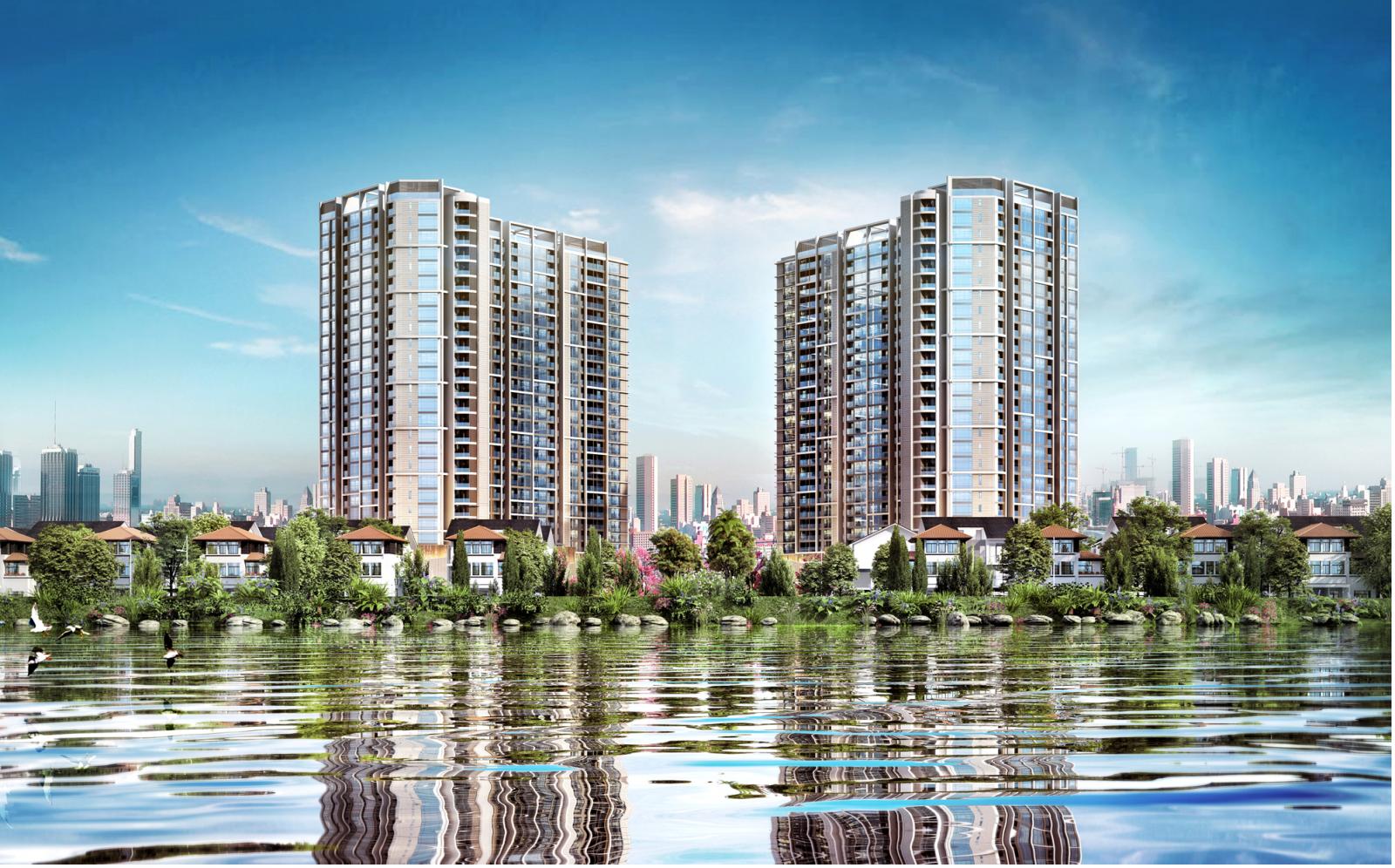 2 to&agrave; nh&agrave; cao tầng nằm cạnh hồ nước