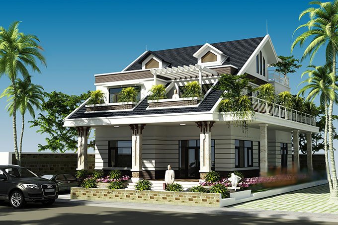 Phối cảnh 3D mẫu biệt thự 2 tầng m&aacute;i Th&aacute;i hiện đại