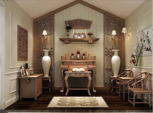 Kh&ocirc;ng gian ph&ograve;ng thờ b&agrave;i tr&iacute; trang nghi&ecirc;m, đối xứng h&agrave;i h&ograve;a, thể hiện tấm l&ograve;ng th&agrave;nh k&iacute;nh của con ch&aacute;u với c&aacute;c bậc tiền bối.