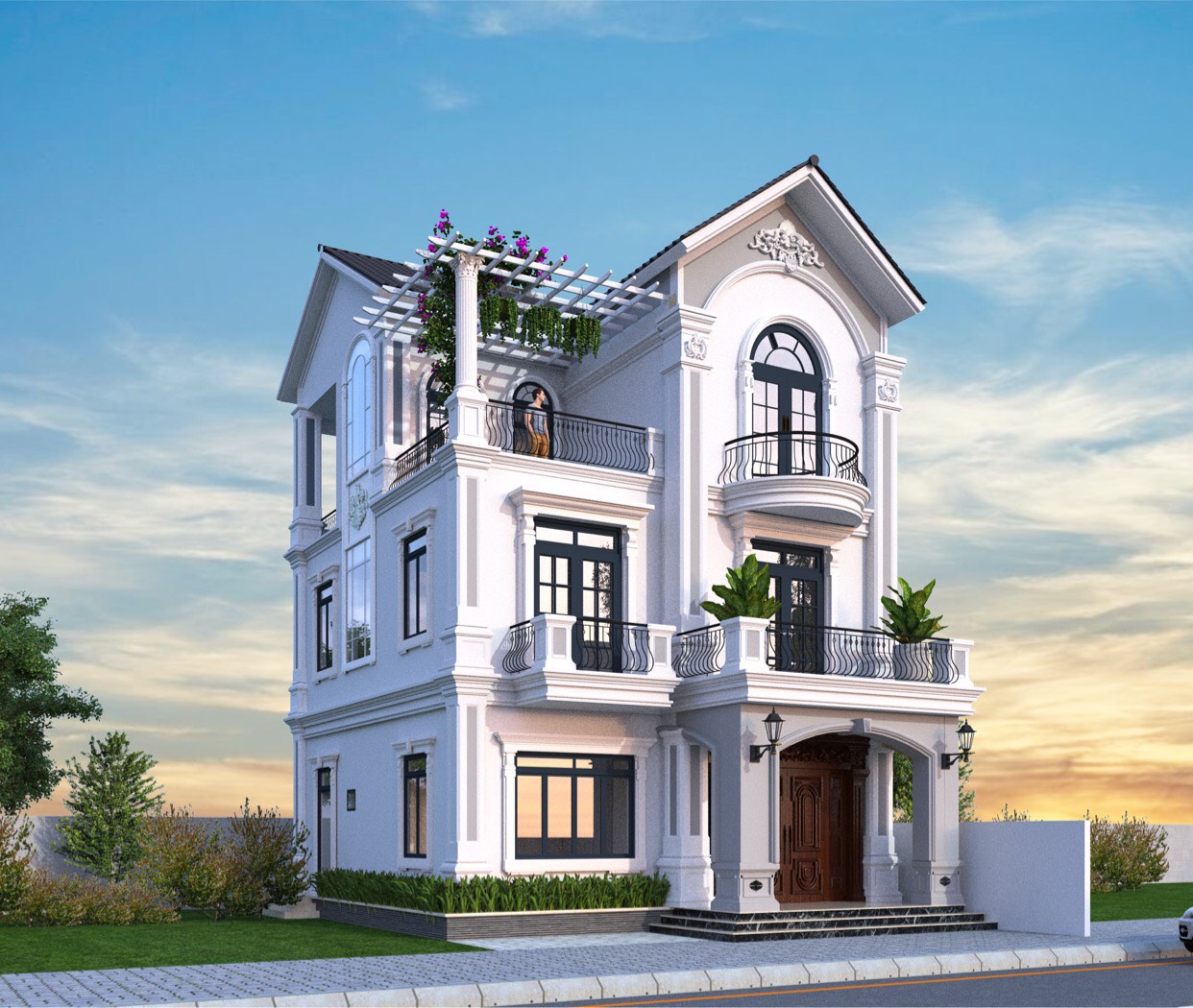 Phối cảnh 3D biệt thự 3 tầng phong c&aacute;ch Indochine sang trọng, tinh tế