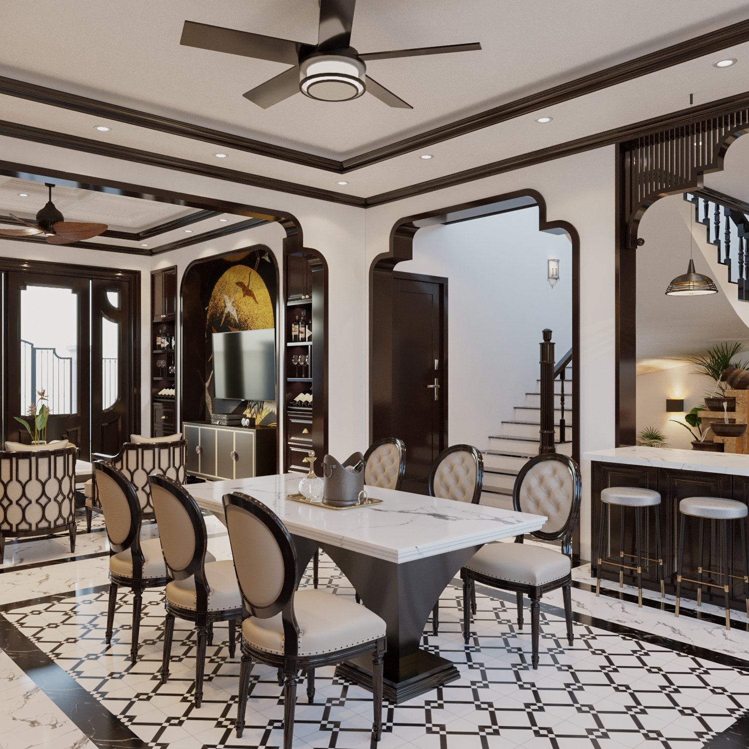 Chất liệu v&agrave; m&agrave;u sắc nội thất ph&ograve;ng ăn c&oacute; sự đồng điệu, thống nhất với kh&ocirc;ng gian tiếp kh&aacute;ch, tạo sự gắn kết chặt chẽ về mặt thị gi&aacute;c.