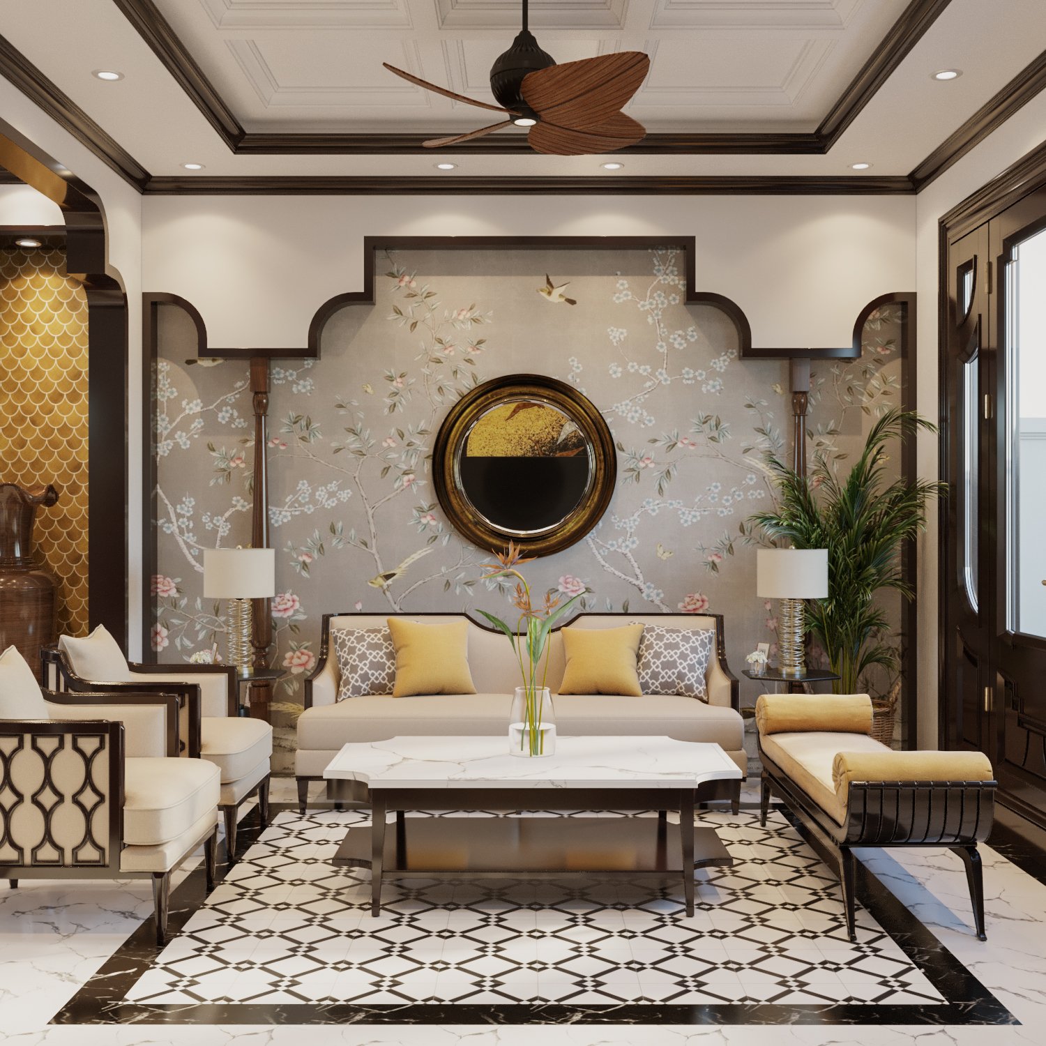 Ph&ograve;ng kh&aacute;ch biệt thự như "bước" ra từ tạp ch&iacute; nội thất với bộ ghế sofa m&agrave;u trắng, b&agrave;n cẩm thạch sang trọng đặt tr&ecirc;n nền gạch họa tiết cổ điển. C&ugrave;ng với đ&oacute; l&agrave; mảng tường decor họa tiết m&ugrave;a xu&acirc;n nhẹ nh&agrave;ng, đậm chất Đ&ocirc;ng Dương xưa cũ.