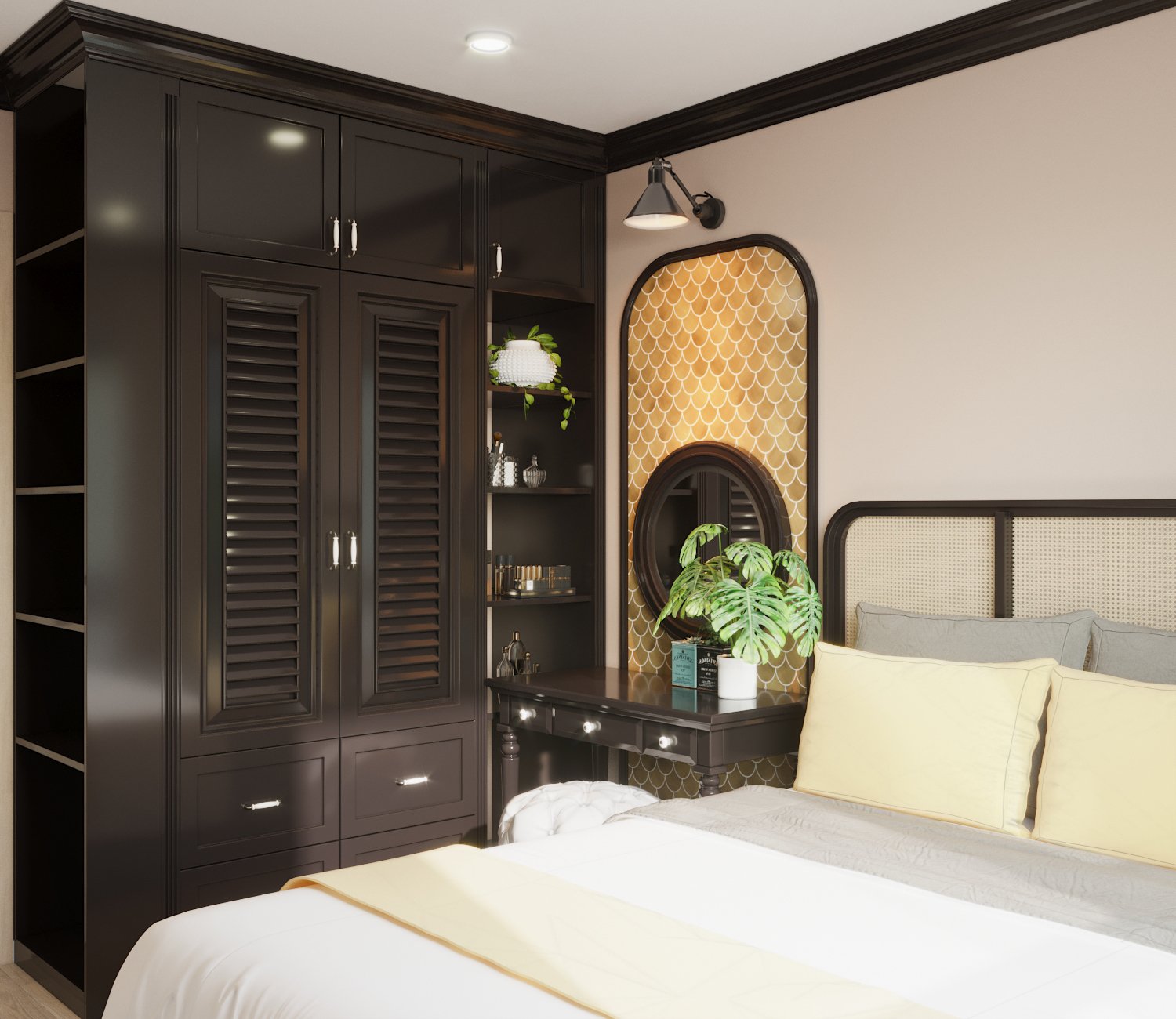 Tủ quần áo màu đen cao kịch trần không hề tạo cảm giác nặng nề cho căn phòng mà còn giúp gia tăng chiều sâu không gian ngủ nghỉ.