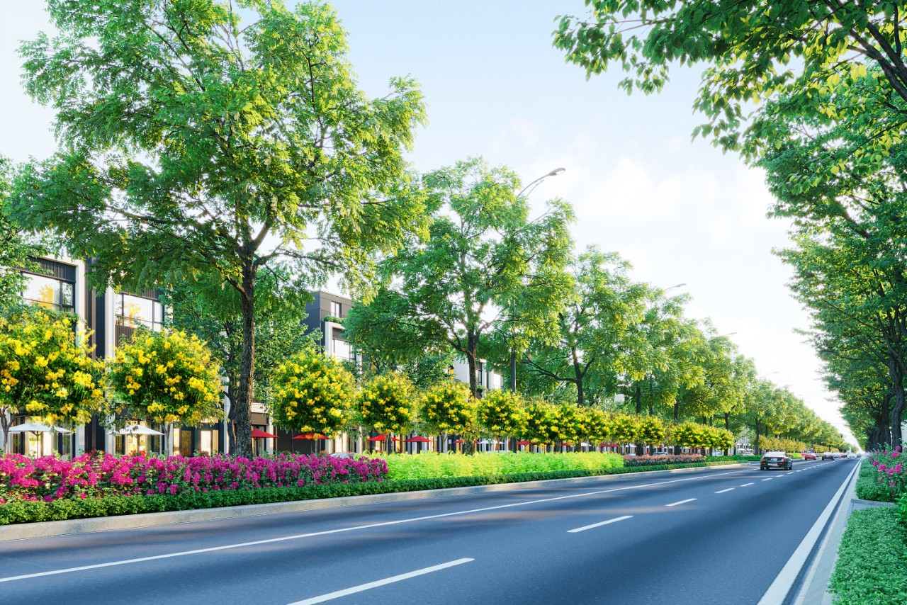Phối cảnh đường giao th&ocirc;ng dự &aacute;n hai b&ecirc;n nhiều c&acirc;y xanh