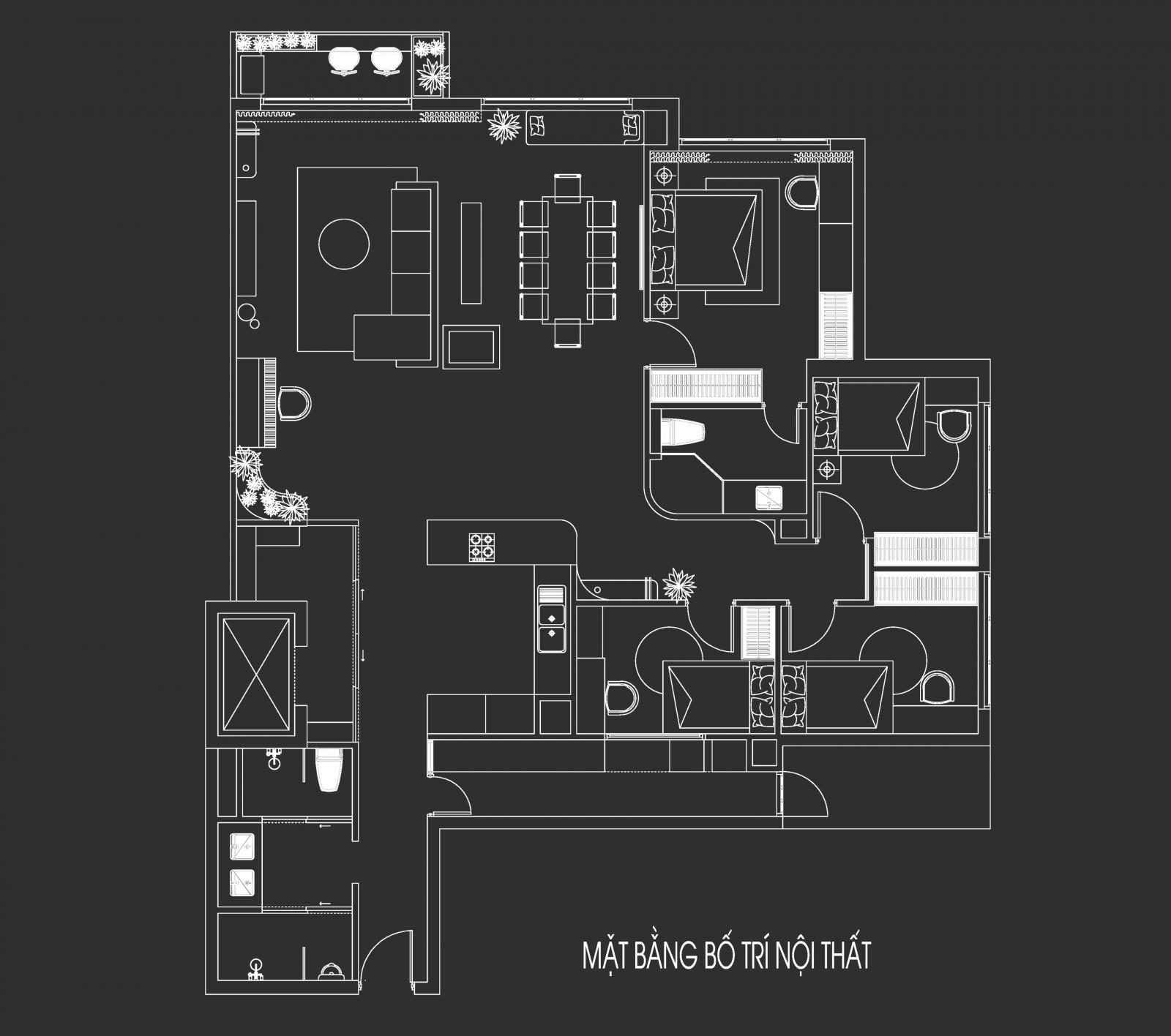 Mặt bằng bố trí nội thất căn hộ phong cách Wabi Sabi 180m2
