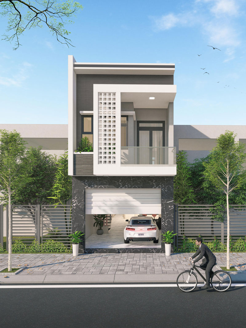 Phối cảnh 3D mẫu nh&agrave; phố 2 tầng phong c&aacute;ch hiện đại