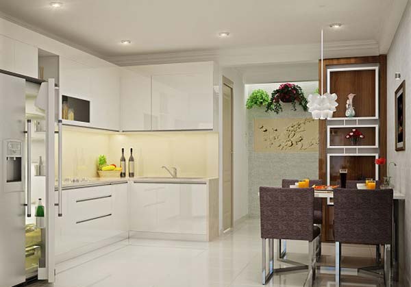 Kh&ocirc;ng gian bếp nấu v&agrave; ph&ograve;ng ăn t&iacute;ch hợp trong c&ugrave;ng một mặt s&agrave;n, ph&acirc;n t&aacute;ch tương đối bởi hai t&ocirc;ng m&agrave;u trắng - n&acirc;u tương phản nhẹ nh&agrave;ng.