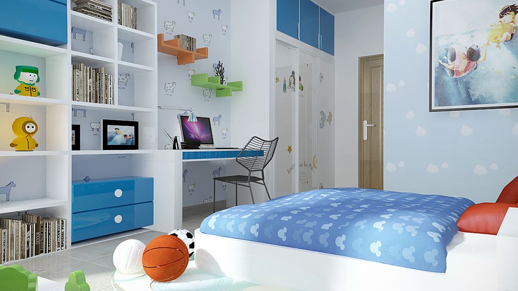 Ph&ograve;ng ngủ con trai với thiết kế sinh động v&agrave; sắc n&eacute;t. Hệ tủ kệ t&iacute;ch hợp b&agrave;n học, gi&aacute; s&aacute;ch liền tường gi&uacute;p tiết kiệm diện t&iacute;ch tối đa.
