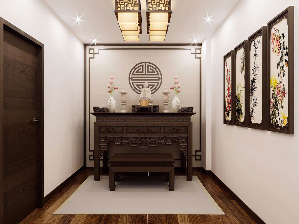 Kh&ocirc;ng gian ph&ograve;ng thờ trang nghi&ecirc;m, ấm &aacute;p với nội thất gỗ tự nhi&ecirc;n sẫm m&agrave;u.