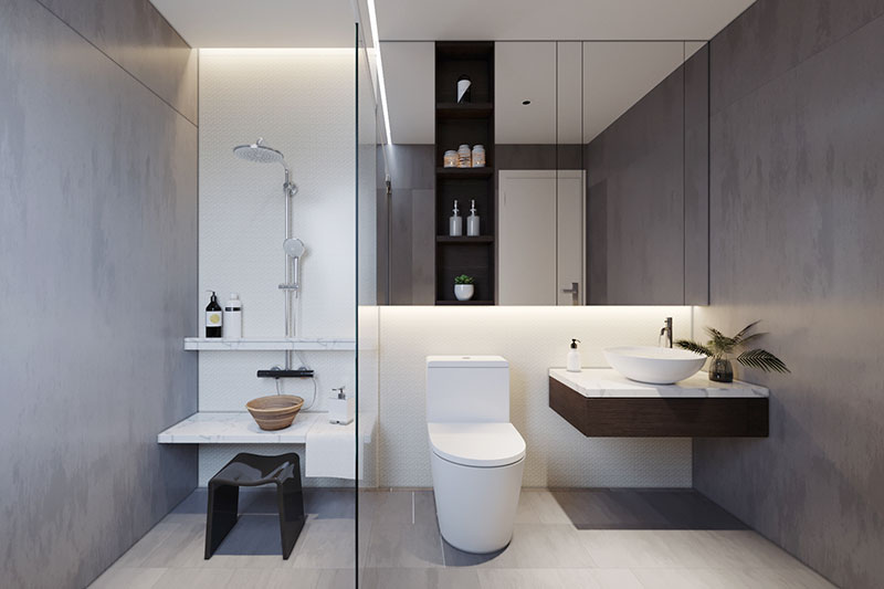 Trong nh&agrave; phố 2 tầng, ph&ograve;ng tắm v&agrave; khu vệ sinh được ph&acirc;n t&aacute;ch r&otilde; r&agrave;ng bởi v&aacute;ch k&iacute;nh trong suốt, đảm bảo sự kh&ocirc; tho&aacute;ng, sạch sẽ cho căn ph&ograve;ng.