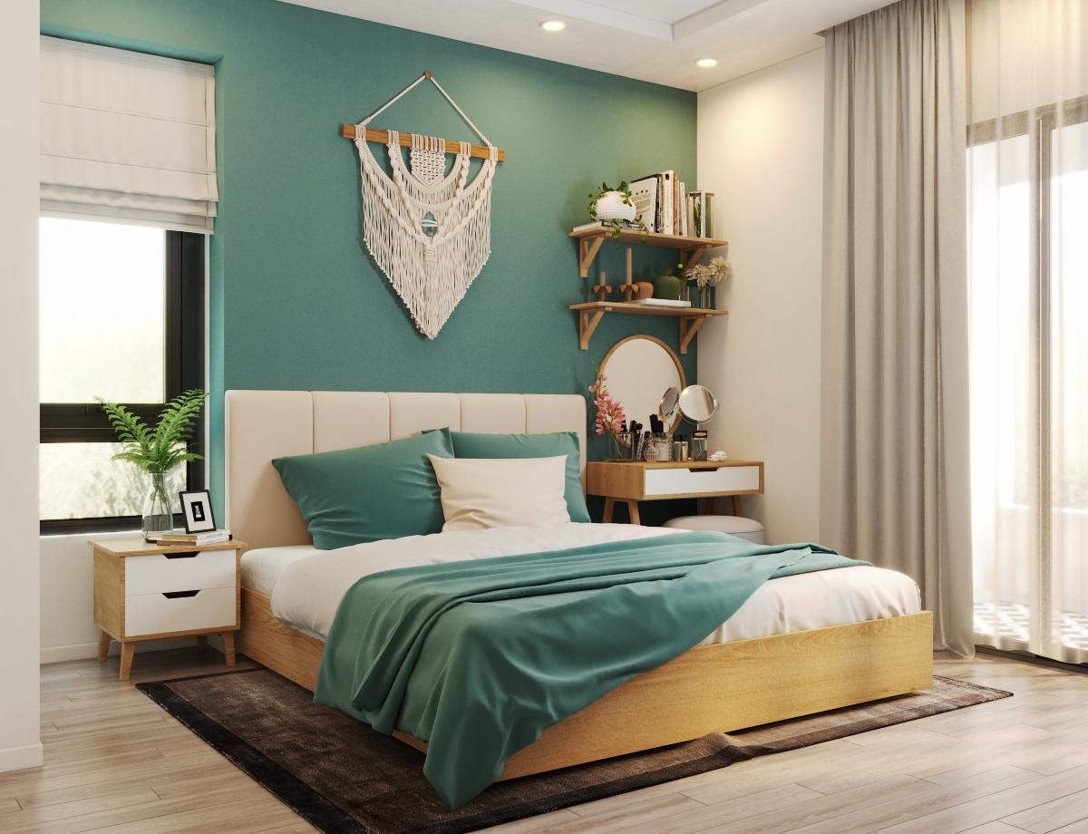 Sắc xanh ngọc tinh tế tiếp tục hiện diện trong ph&ograve;ng ngủ master, h&ograve;a phối c&acirc;n đ&oacute;i với bảng m&agrave;u trắng, x&aacute;m nhạt v&agrave; m&agrave;u gỗ th&acirc;n thiện.