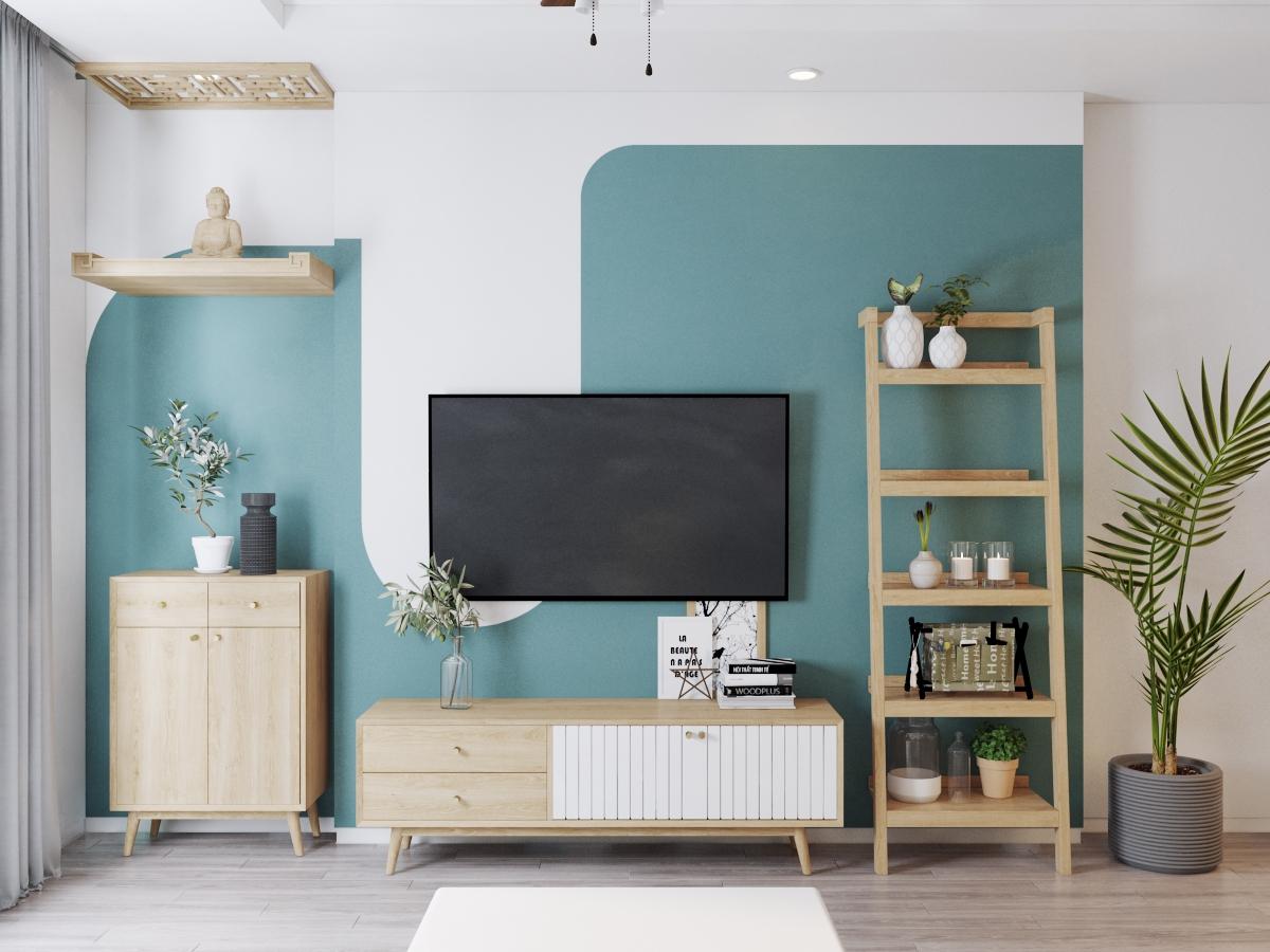 Hệ tủ kệ tivi đối diện sofa b&agrave;i tr&iacute; đơn giản, tạo cảm gi&aacute;c th&acirc;n thiện với nội thất gỗ kiểu d&aacute;ng hiện đại thanh tho&aacute;t, rất ưng mắt.