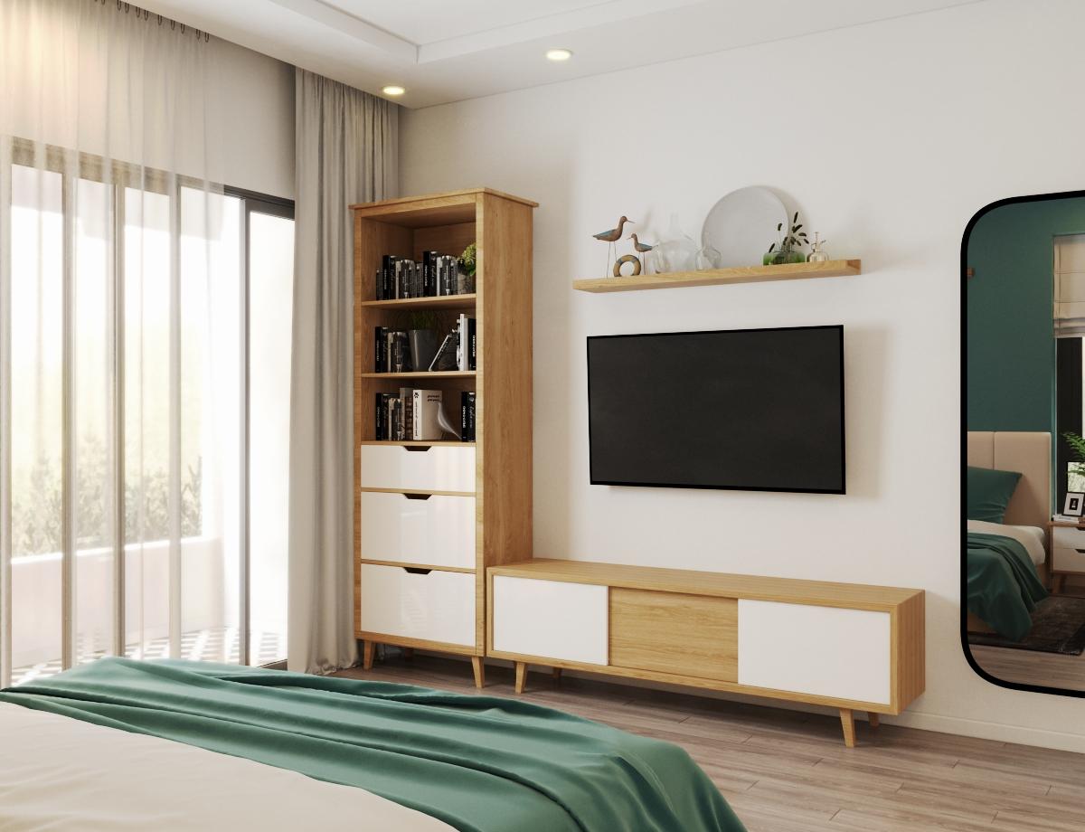 Tủ kệ tivi trong ph&ograve;ng ngủ được thiết kế tương tự ở ph&ograve;ng kh&aacute;ch, tạo sự thống nhất, đồng điệu cho tổng thể kh&ocirc;ng gian căn hộ.