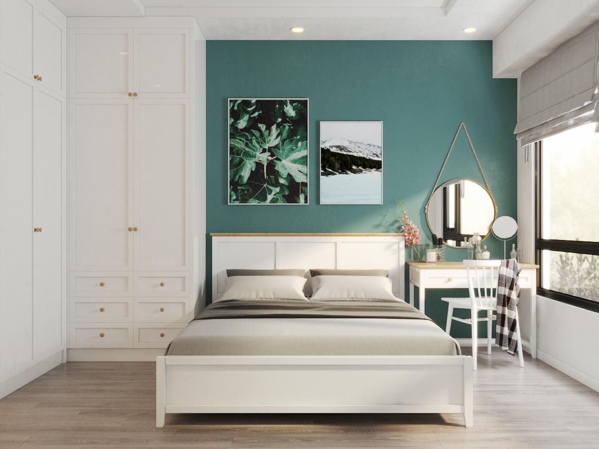 Ph&ograve;ng ngủ thứ hai trong căn hộ 97m2 tuy kh&ocirc;ng được rộng r&atilde;i nhưng nhờ b&agrave;i tr&iacute; nội thất th&ocirc;ng minh, căn ph&ograve;ng vẫn rất tho&aacute;ng đ&atilde;ng, tận dụng được tối đa &aacute;nh s&aacute;ng tự nhi&ecirc;n.