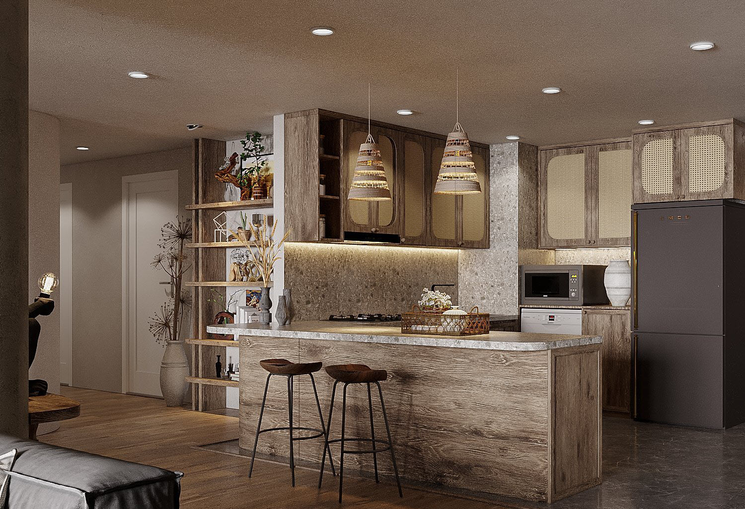 Quầy bar mini vừa l&agrave; g&oacute;c ăn s&aacute;ng tiện dụng, vừa l&agrave; v&aacute;ch ngăn ph&acirc;n t&aacute;ch tương đối giữa bếp nấu v&agrave; kh&ocirc;ng gian tiếp kh&aacute;ch.