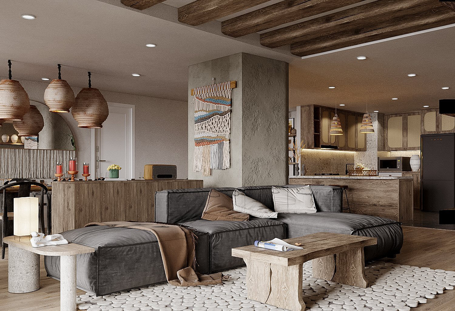 To&agrave;n cảnh kh&ocirc;ng gian sinh hoạt chung trong căn hộ phong c&aacute;ch Wabi Sabi to&aacute;t l&ecirc;n vẻ mộc mạc, hướng con người ta tới những g&igrave; nguy&ecirc;n sơ nhất.