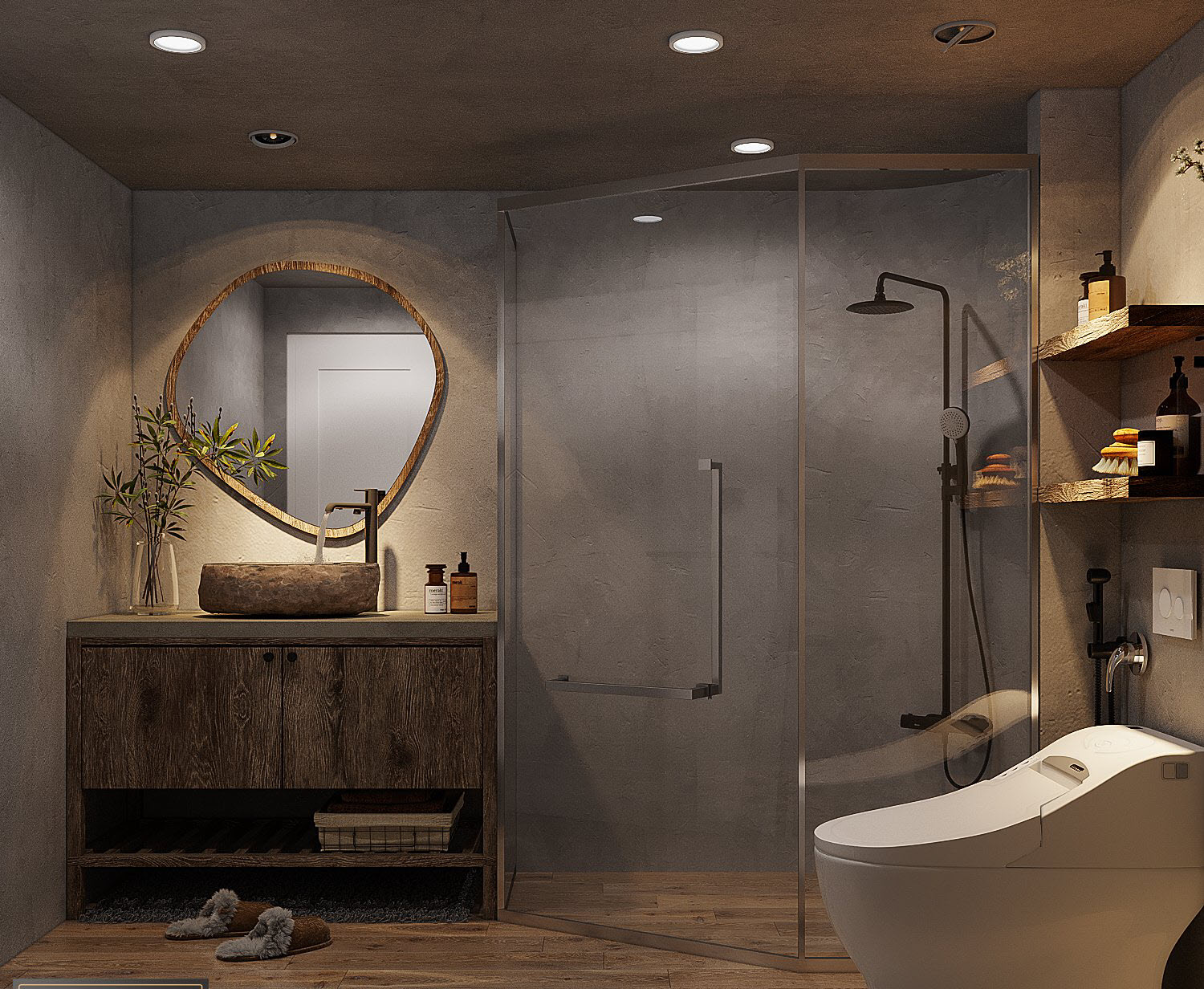 Ph&ograve;ng vệ sinh tiếp nối phong c&aacute;ch Wabi Sabi lạ mắt.