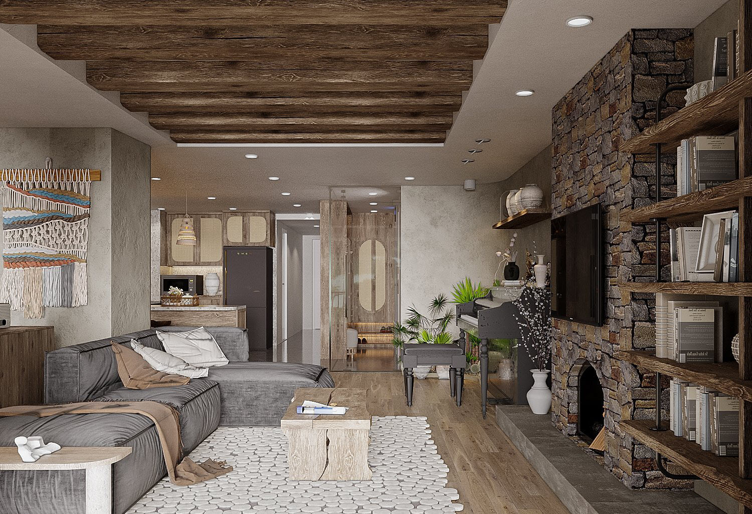 to&agrave;n cảnh ph&ograve;ng kh&aacute;ch căn hộ phong c&aacute;ch Wabi Sabi