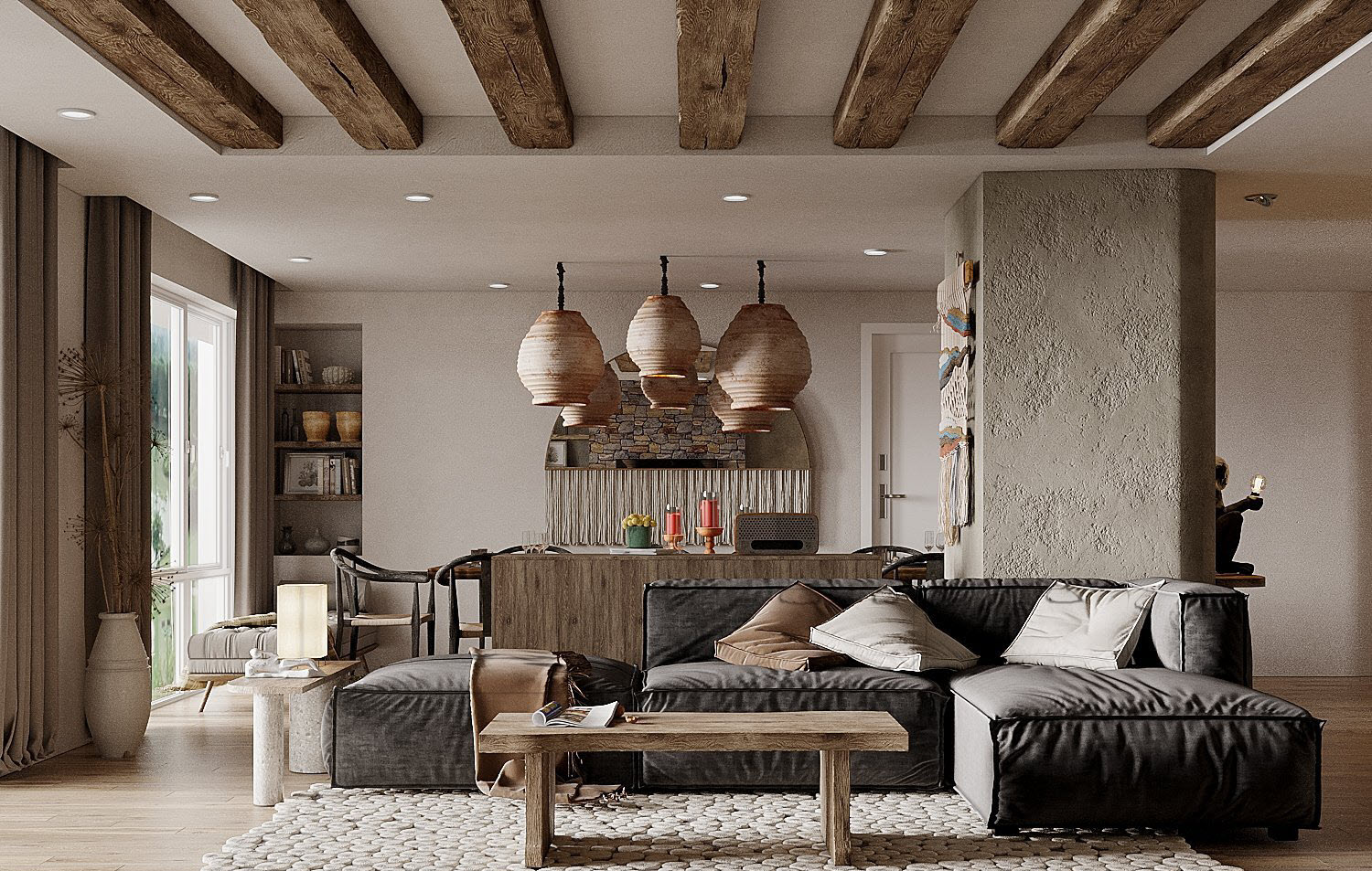 Dầm gỗ kết nối h&agrave;i h&ograve;a với b&agrave;n c&agrave; ph&ecirc; v&agrave; bar mini từ ph&ograve;ng bếp tạo sự đồng điệu, thống nhất trong từng đường n&eacute;t thiết kế nội thất.