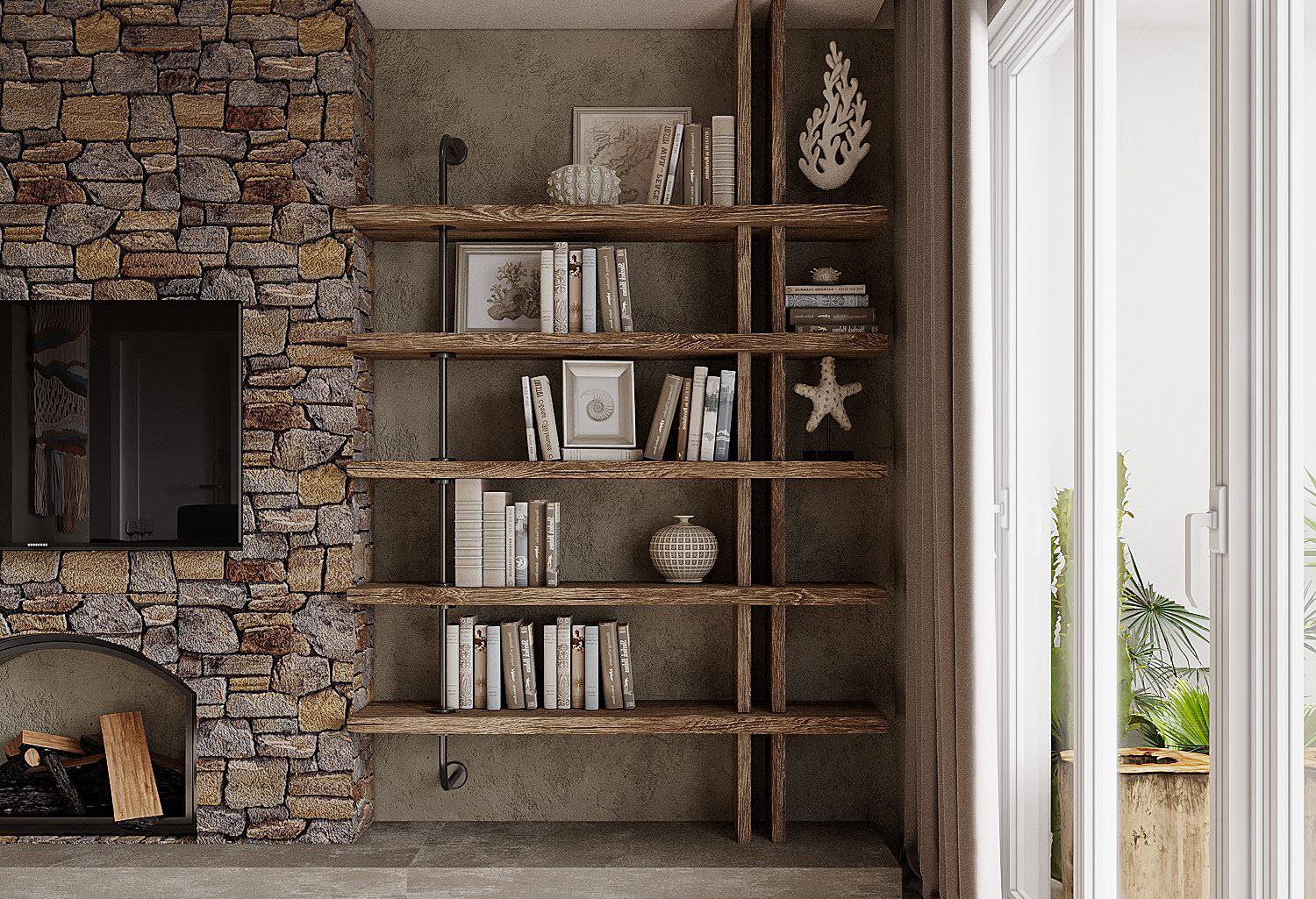 Điểm nhấn ấn tượng của phòng khách là mảng tường đá bao quanh lò sưởi, đồng thời đảm nhiệm vi trò là kệ treo tivi, cạnh đó là giá sách mở cùng tông màu.