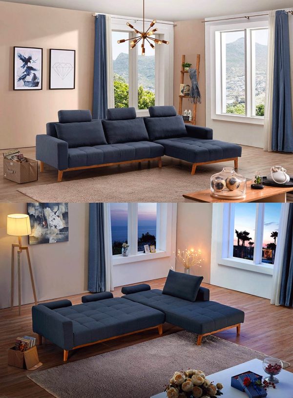 Mẫu giường sofa "2 trong 1" với khung gỗ thanh tho&aacute;t m&agrave; chắc chắn. T&ocirc;ng m&agrave;u xanh lam của ghế gi&uacute;p tăng chiều s&acirc;u cho kh&ocirc;ng gian.
