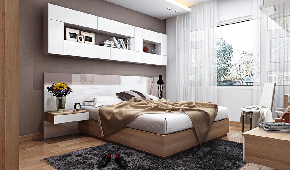 Phòng ngủ tông màu trung tính trang nhã dành cho con trai. Khung cửa sổ kính lớn đón sáng tự nhiên cho toàn bộ căn phòng.