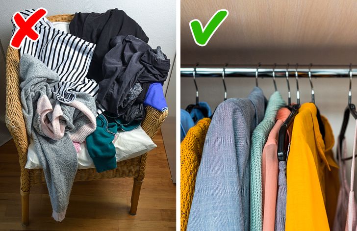 h&igrave;nh ảnh quần &aacute;o chất đống tr&ecirc;n ghế m&acirc;y v&agrave; quần &aacute;o treo gọn g&agrave;ng trong tủ