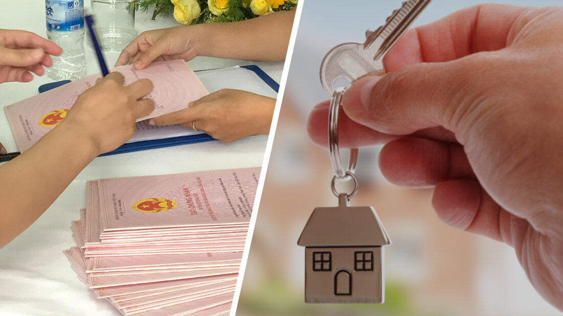 hình ảnh cận cảnh chồng sổ đỏ trên bàn giấy, cạnh đó là chìa khóa ngôi nhà