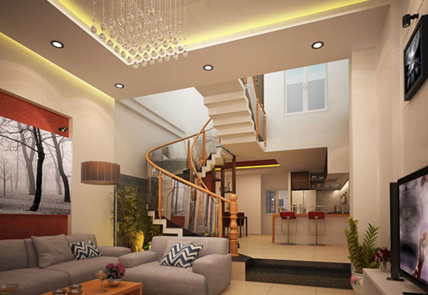 Ph&ograve;ng kh&aacute;ch v&agrave; kh&ocirc;ng gian bếp nấu, ph&ograve;ng ăn b&ecirc;n trong được ph&acirc;n t&aacute;ch tương đối bởi s&agrave;n giật cấp độc đ&aacute;o. Quầy bar mini tựa như một v&aacute;ch ngăn lửng, che chắn k&iacute;n đ&aacute;o khu bếp.