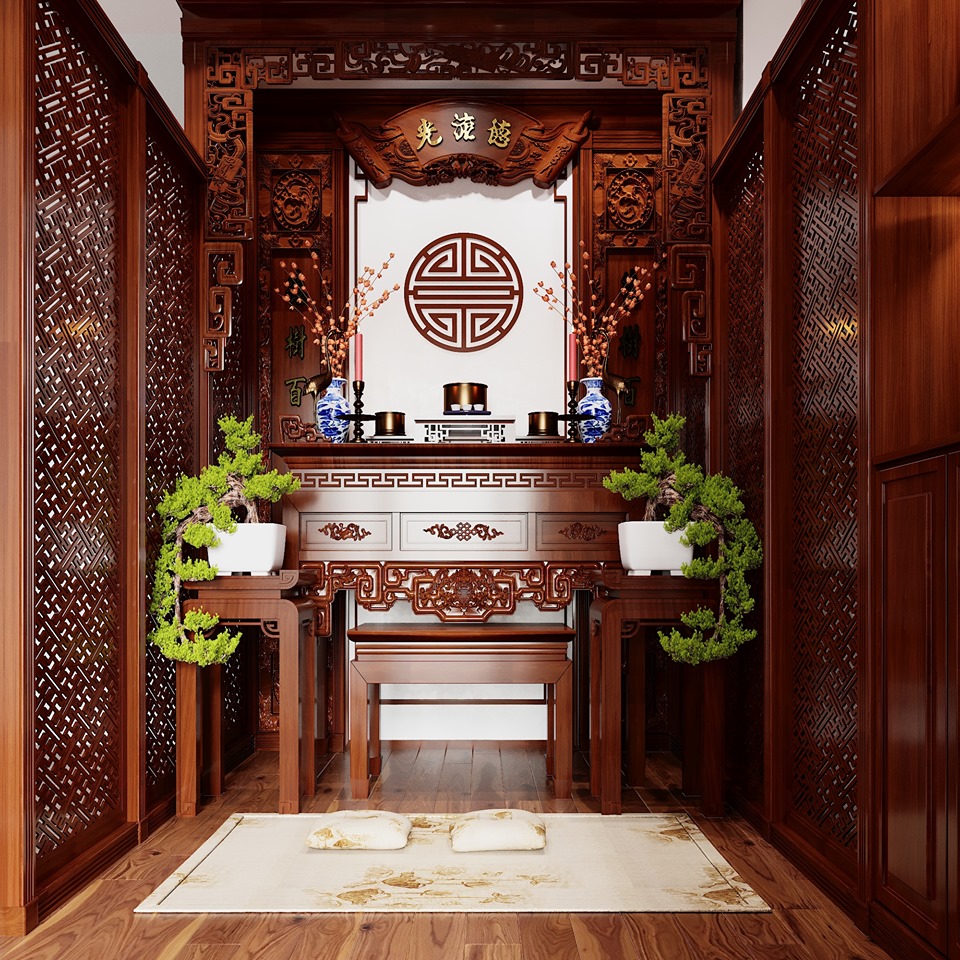 Ph&ograve;ng thờ trang nghi&ecirc;m, sử dụng nội thất gỗ sẫm m&agrave;u, chạm khắc tinh xảo đảm bảo sự t&ocirc;n nghi&ecirc;m, tĩnh lặng cần c&oacute; của kh&ocirc;ng gian thờ tự.